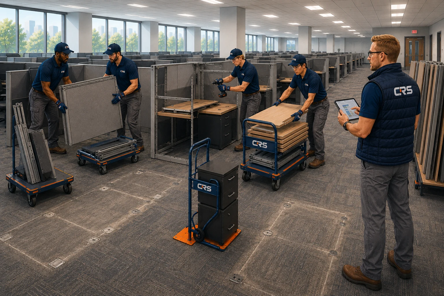 Large-scale cubicle system removal illustration