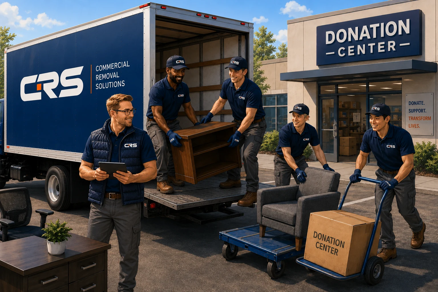 CRS team delivering usable furniture to a donation center